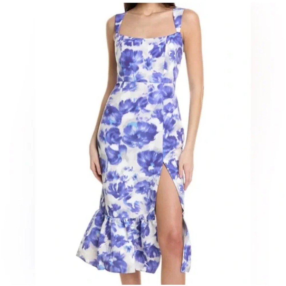 Sachin & Babi Blue Floral Print Square Neck Midi Dress Ruffle Hem And Slit 6 - Picture 1 of 8